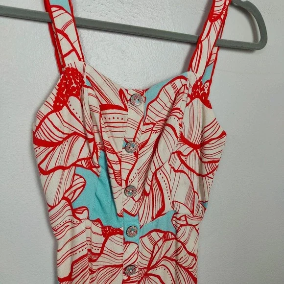Farm Rio Floral Print Midi Dress Womens XS Red Blue Button Front Bohemian - Picture 3 of 11
